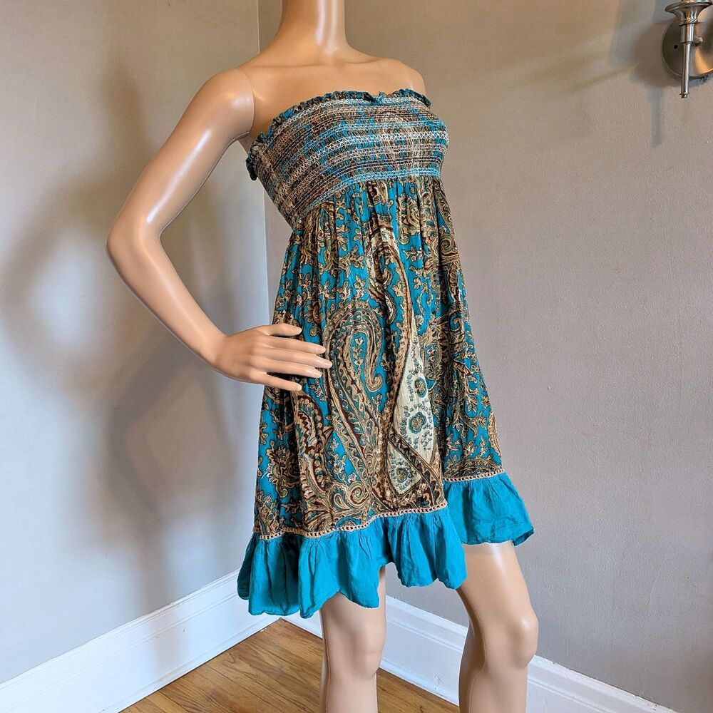 VINTAGE Y2K Strapless Mini Dress, Blue Paisley, Fairycore Boho Cottage Size S